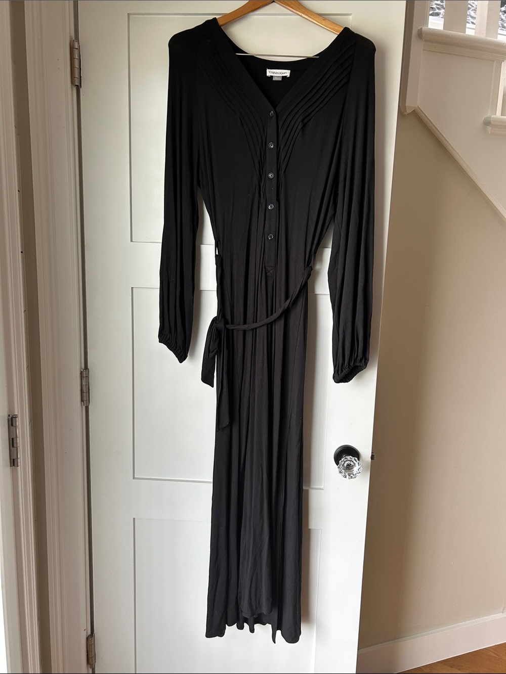 Calvin Klein Black Long-Sleeve Button-Front Maxi Dress with Tie